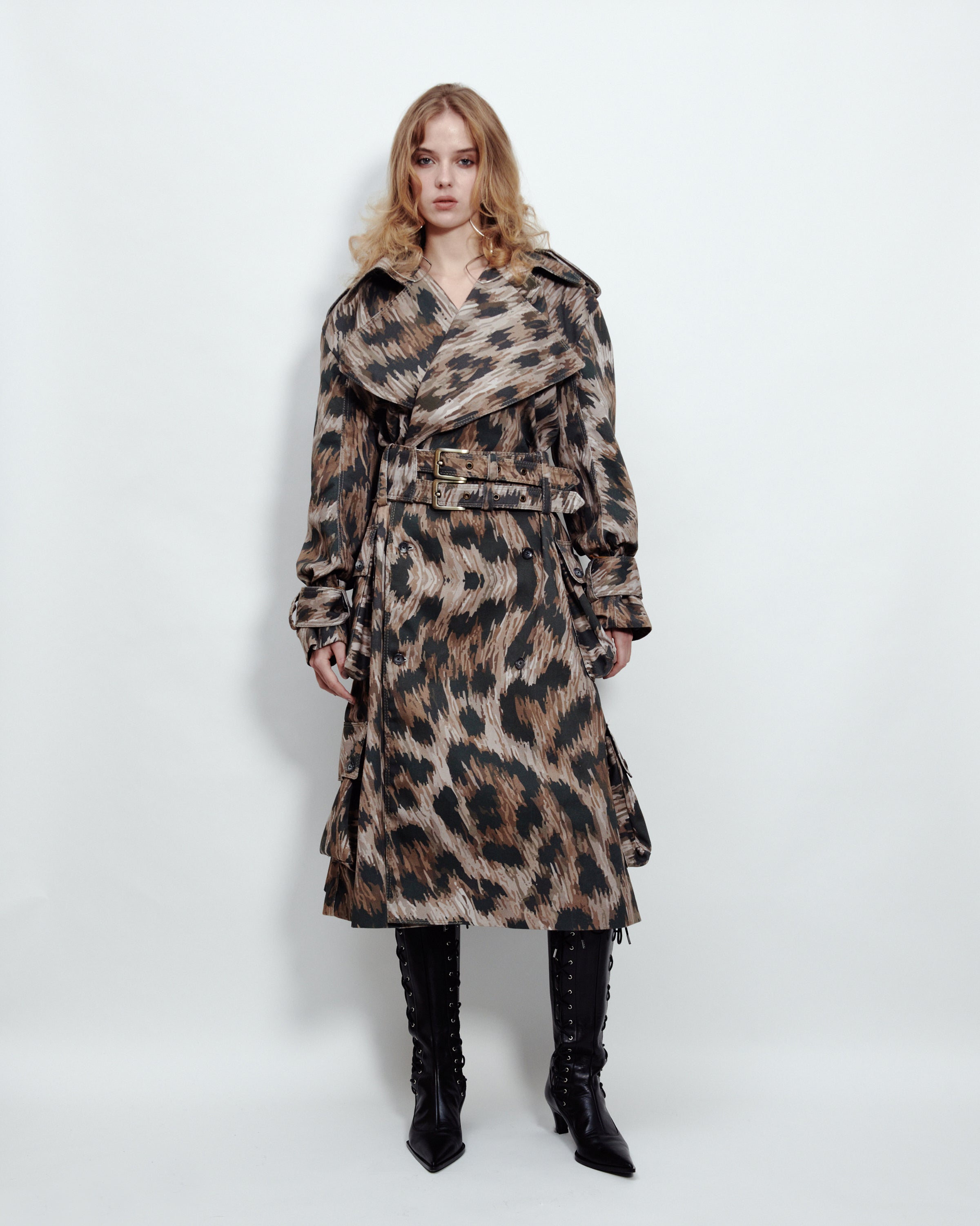 MULTI POCKET TRENCH COAT LEOPARD PRINT