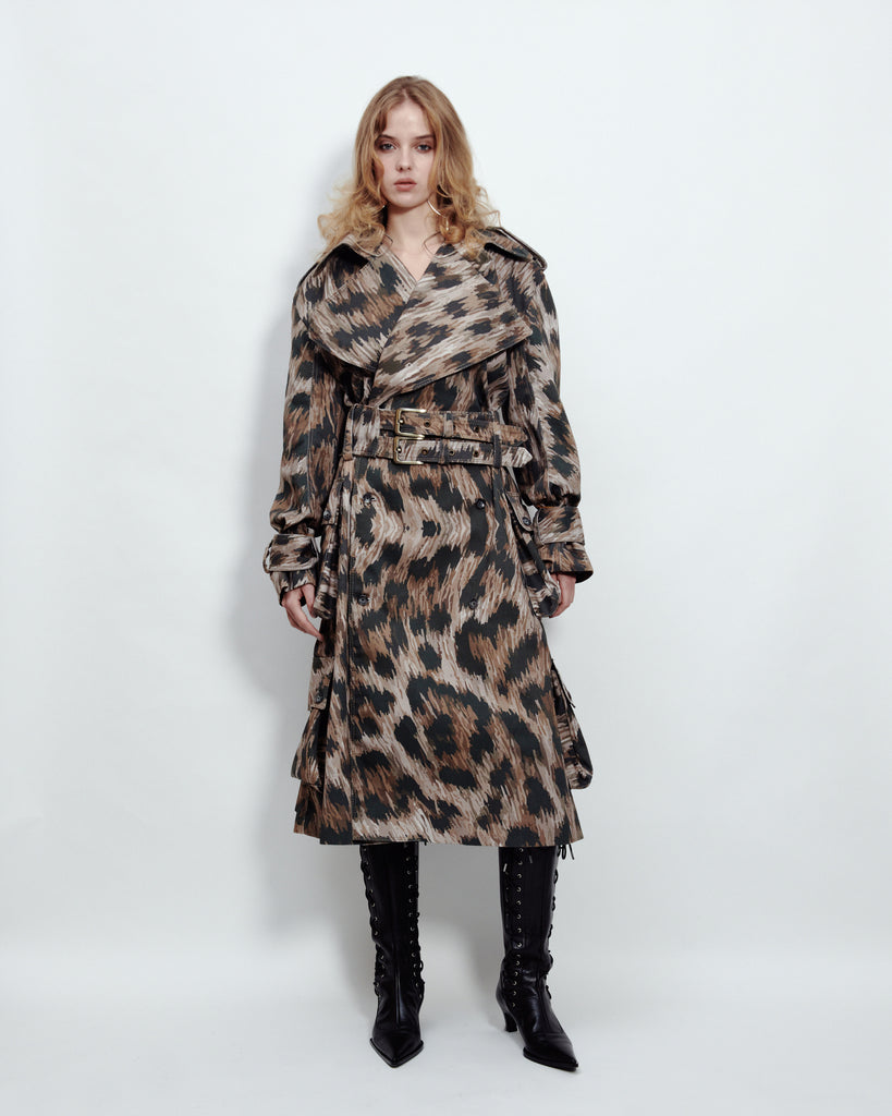 MULTI POCKET TRENCH COAT LEOPARD PRINT