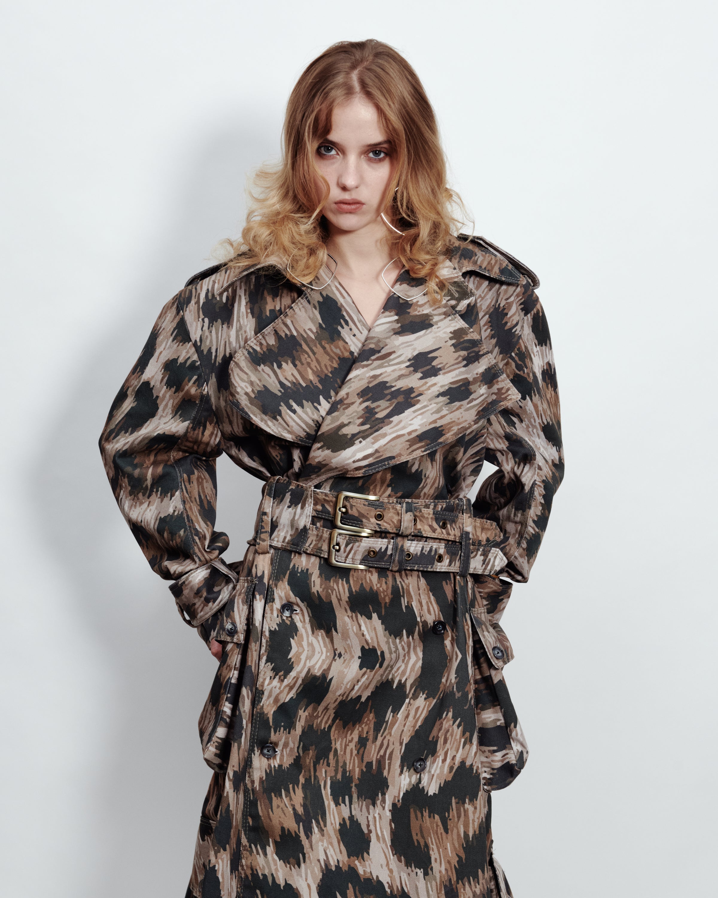 MULTI POCKET TRENCH COAT LEOPARD PRINT