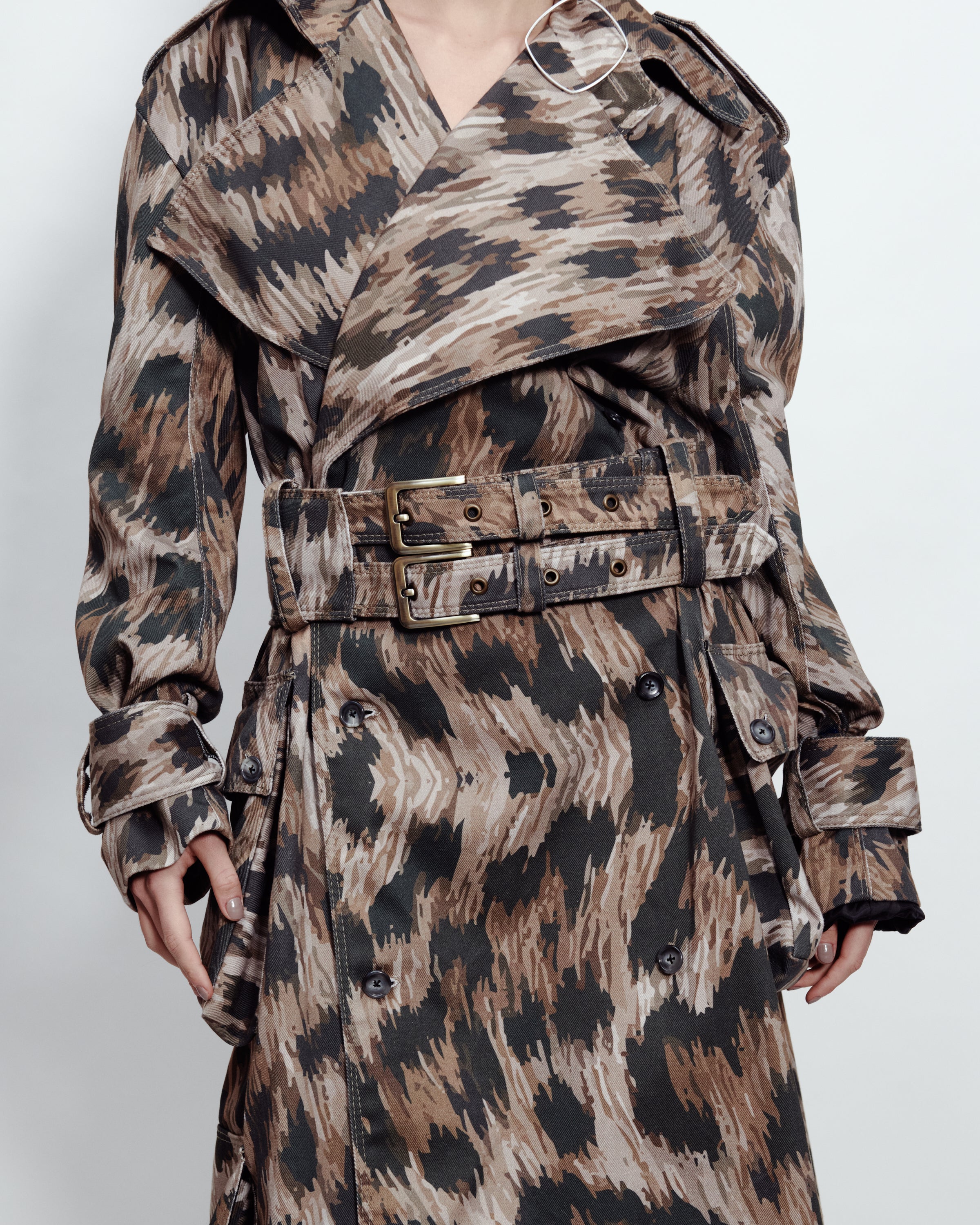 MULTI POCKET TRENCH COAT LEOPARD PRINT