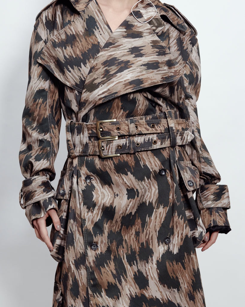MULTI POCKET TRENCH COAT LEOPARD PRINT