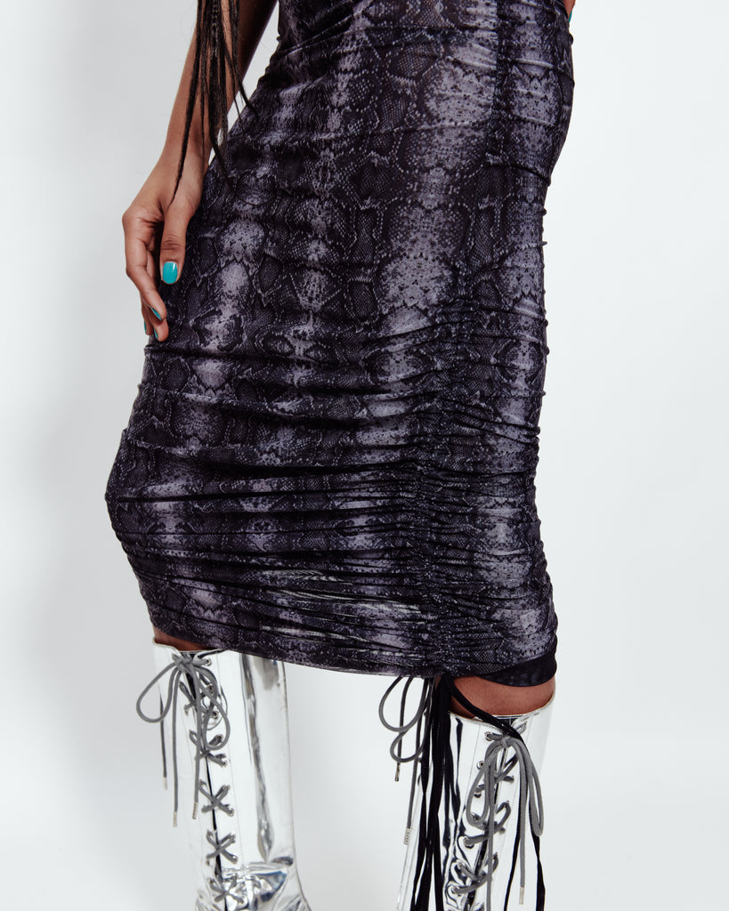 ADJUSTABLE SNAKE PRINT MINI DRESS