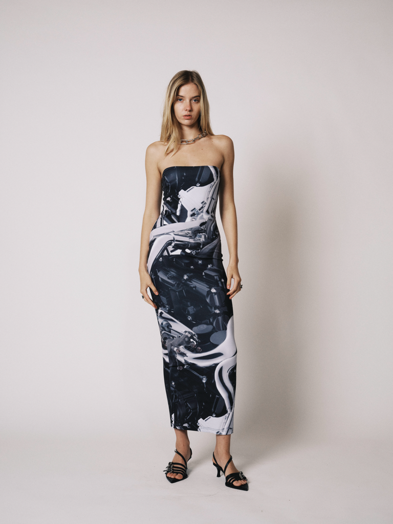 PRINTED STRAPLESS DRESS