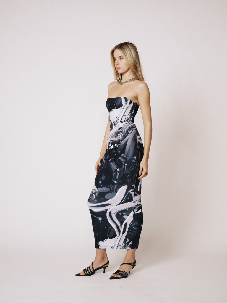 PRINTED STRAPLESS DRESS